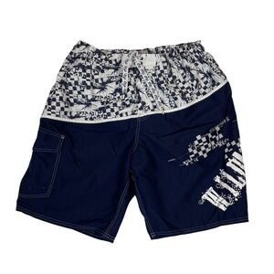 Killer Wave Men Size L Swim Trunks Board Shorts Navy White Checkered Palm Print
